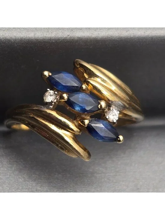 10k Gold Ring Size 7 3 Marquise Sapphire & 2 Diamond Accents Signed Cardow - Picture 6 of 16